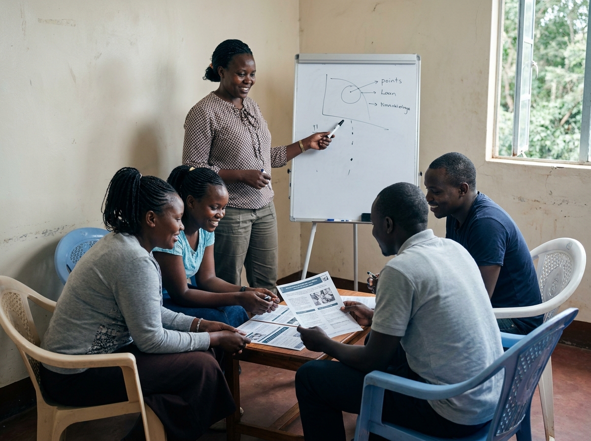 A trainer working through a printed handout with a small, attentive group in a Nairobi training room.